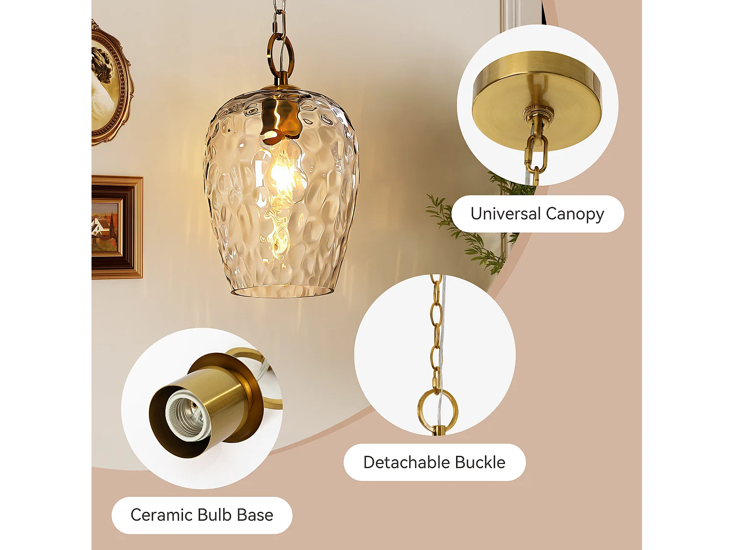 Suspension en verre martelé avec chaîne réglable, luminaire suspendu simple à effet ondulé, culot E27, ampoules non incluses