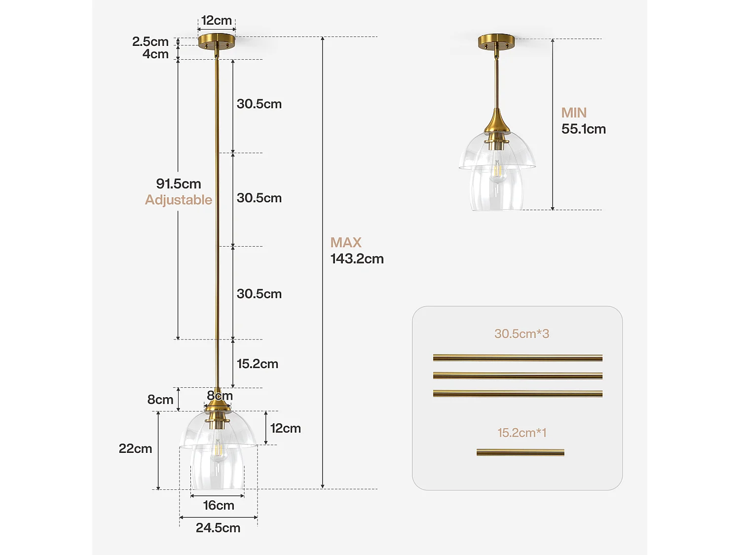 Suspension dorée, lustre moderne avec abat-jour double en verre transparent pour îlot de cuisine, culot E27, ampoules non incluses