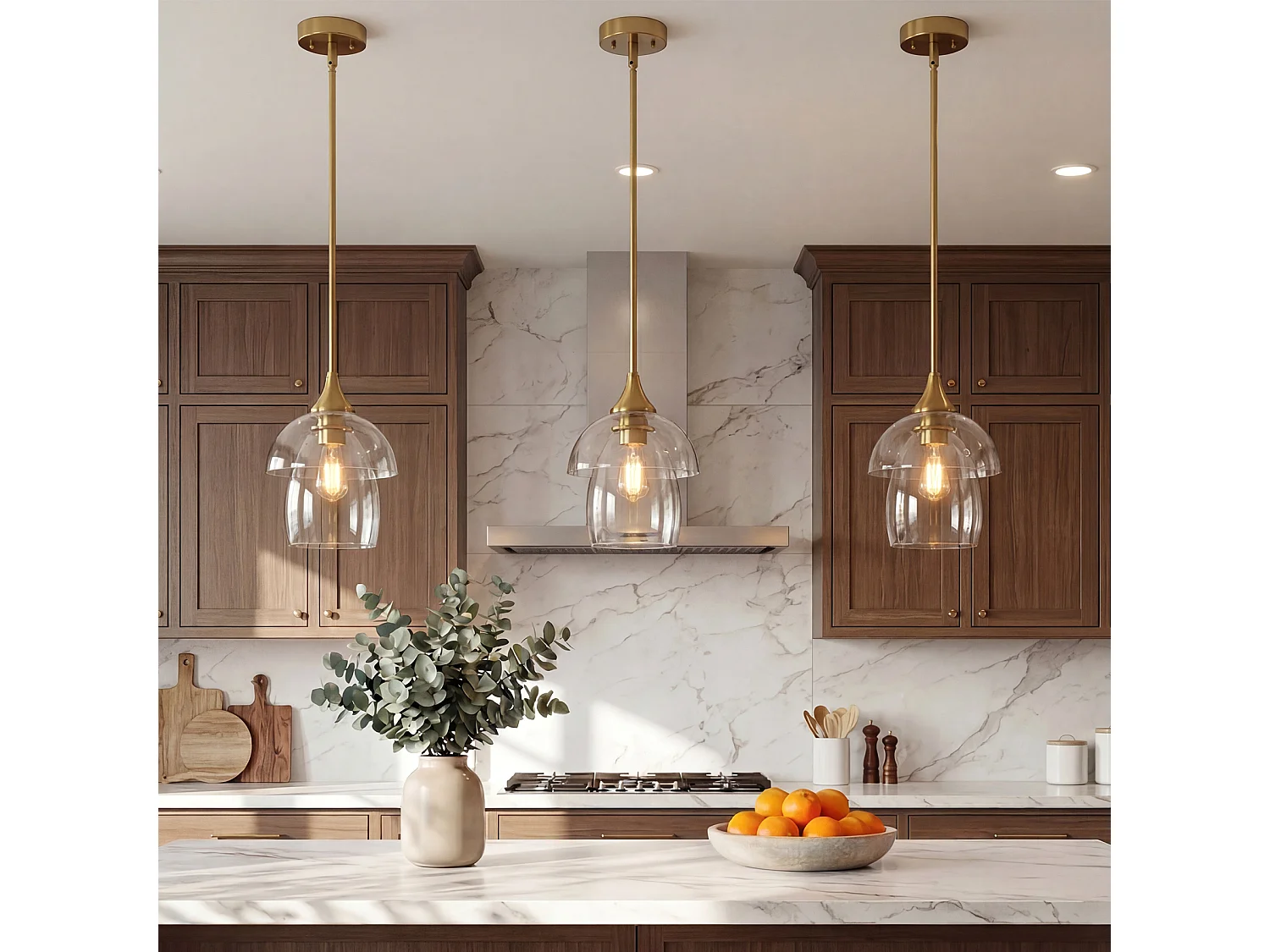 Suspension dorée, lustre moderne avec abat-jour double en verre transparent pour îlot de cuisine, culot E27, ampoules non incluses