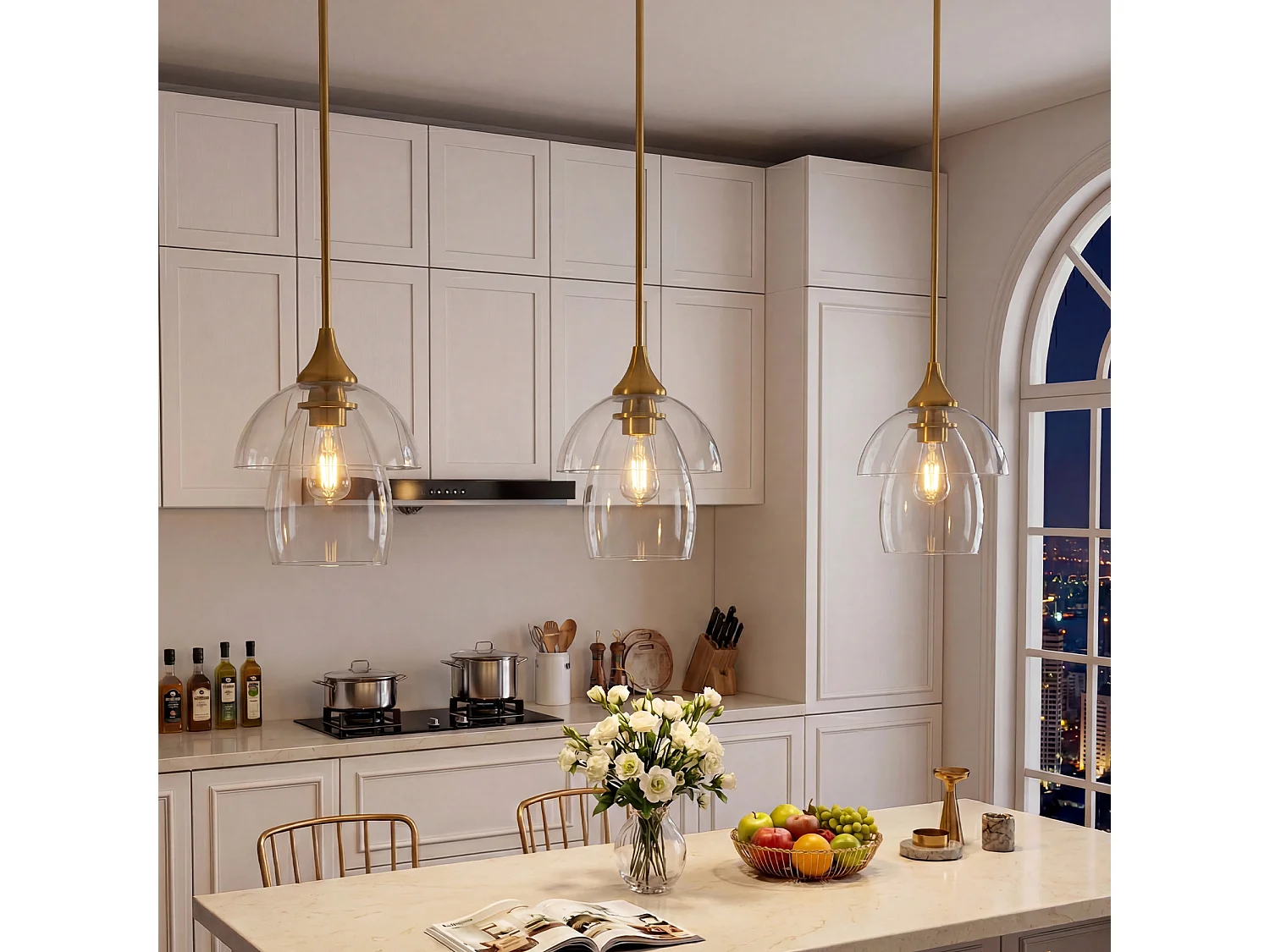 Suspension dorée, lustre moderne avec abat-jour double en verre transparent pour îlot de cuisine, culot E27, ampoules non incluses