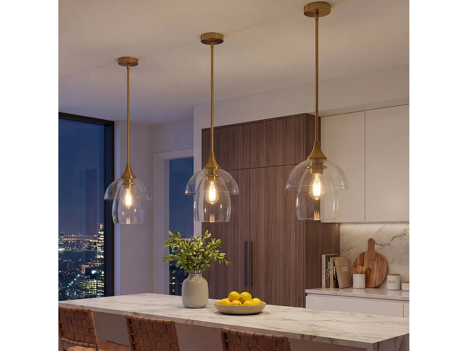Suspension dorée, lustre moderne avec abat-jour double en verre transparent pour îlot de cuisine, culot E27, ampoules non incluses