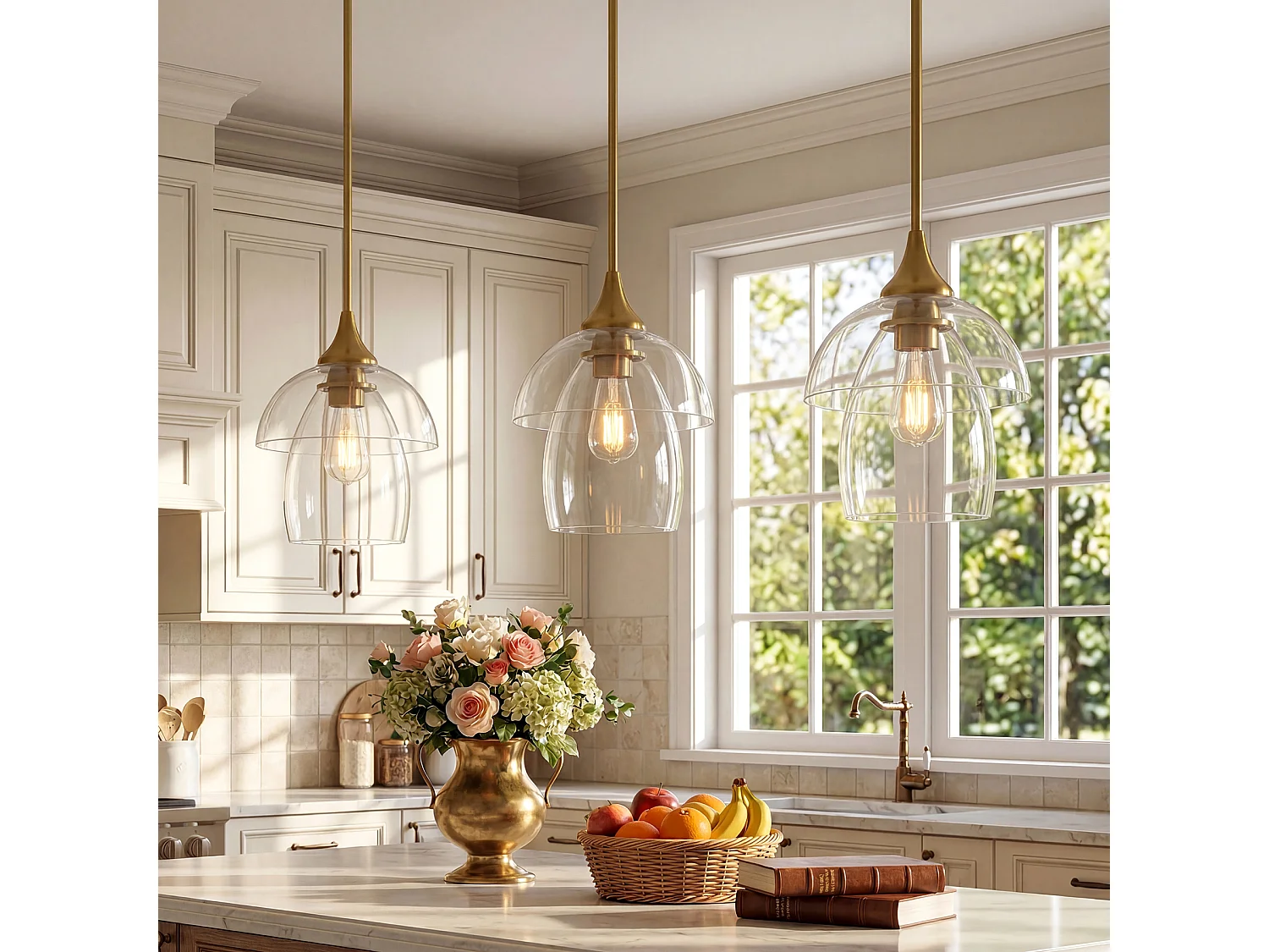 Suspension dorée, lustre moderne avec abat-jour double en verre transparent pour îlot de cuisine, culot E27, ampoules non incluses