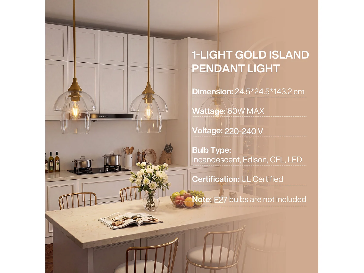 Suspension dorée, lustre moderne avec abat-jour double en verre transparent pour îlot de cuisine, culot E27, ampoules non incluses