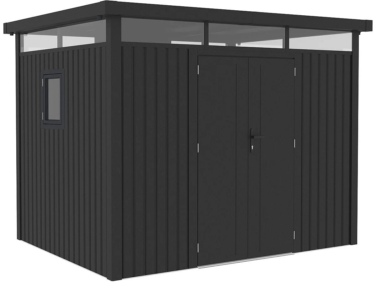 Abri de jardin métal premium avec toit plat et porte battante "Lexinton" - 6,76 m² - Gris
