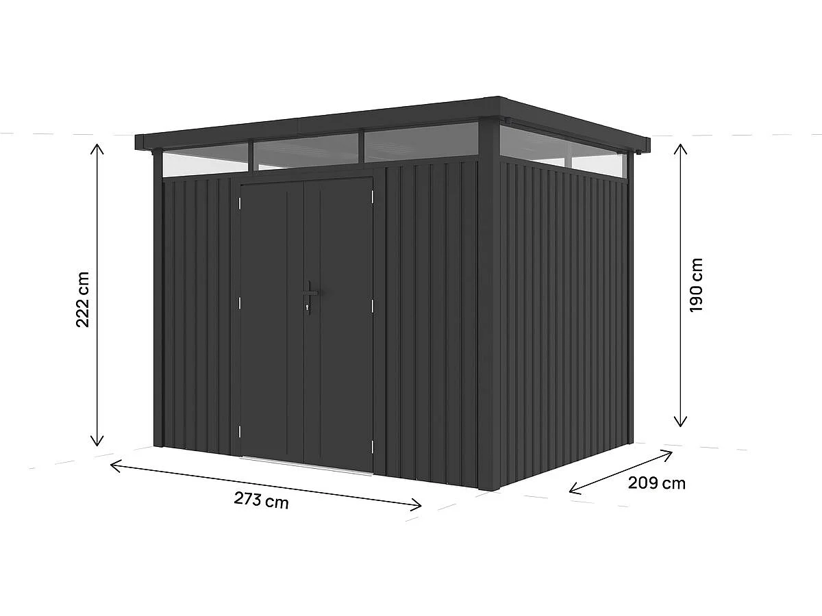 Abri de jardin métal premium avec toit plat et porte battante "Lexinton" - 6,76 m² - Gris