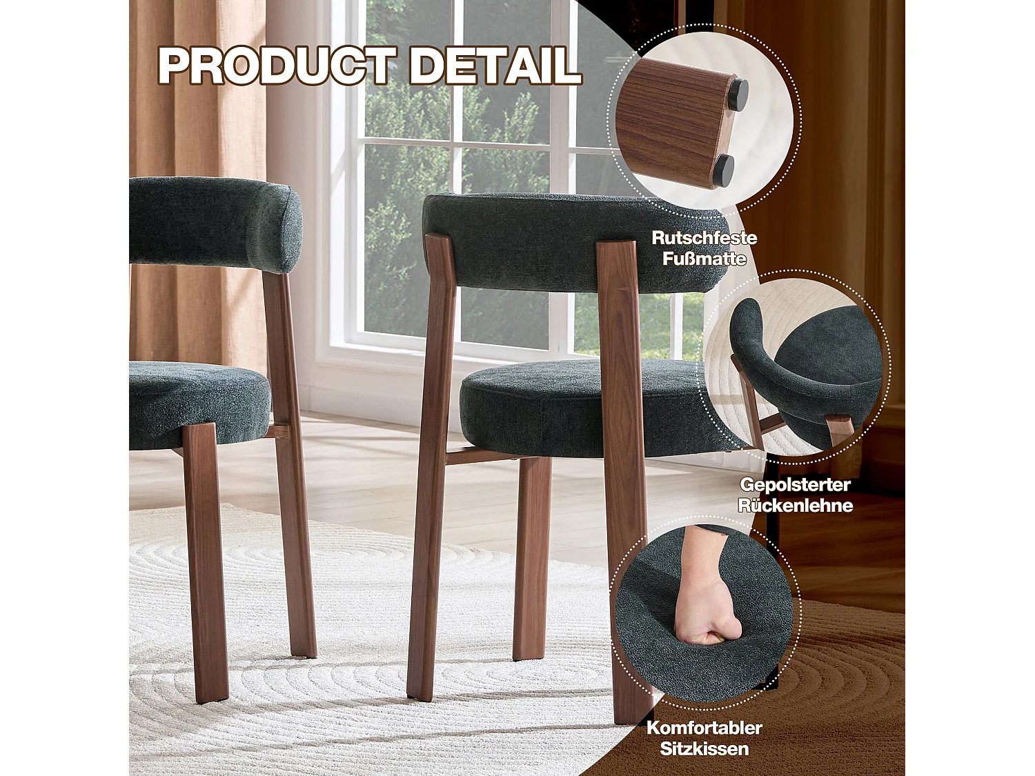 Lot de 2 chaises de salle à manger tissu noir dossier incurvé