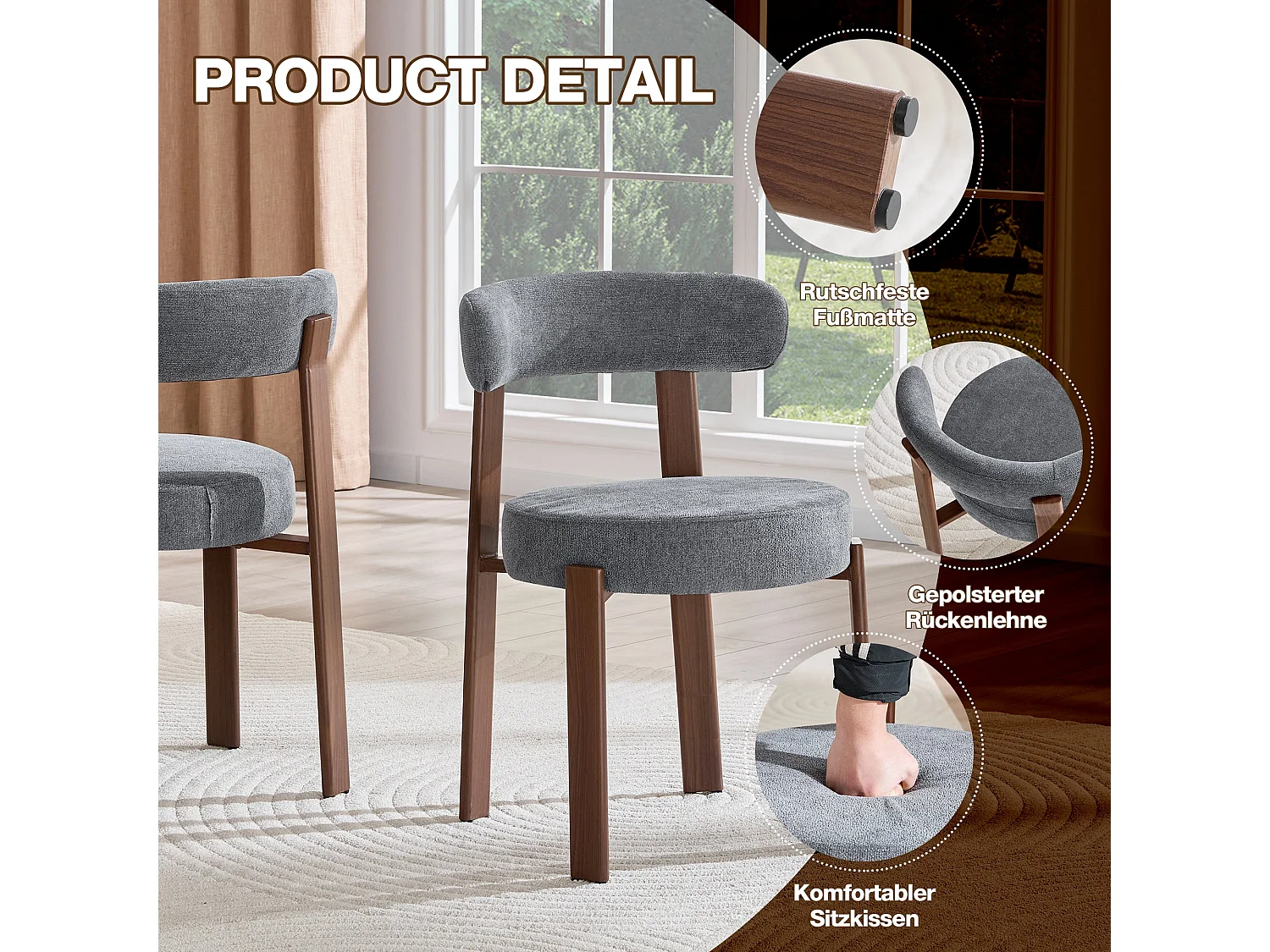 Lot de 2 chaises de salle à manger tissu gris dossier incurvé