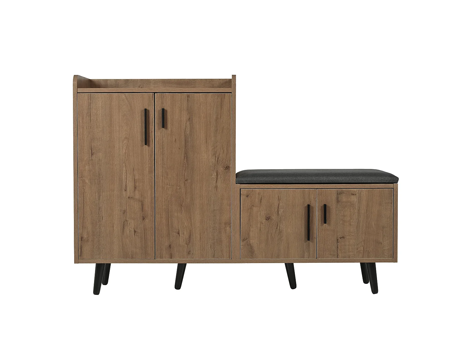 Meuble à chaussures effet bois naturel, 4 portes, banc tissu gris 120x34x82cm