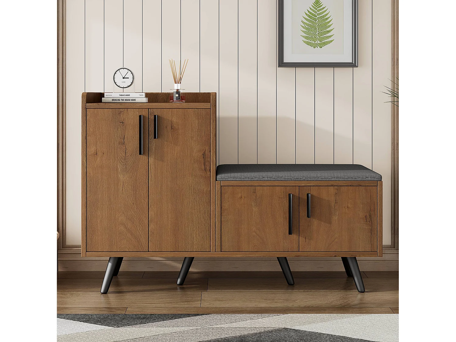 Meuble à chaussures effet bois naturel, 4 portes, banc tissu gris 120x34x82cm