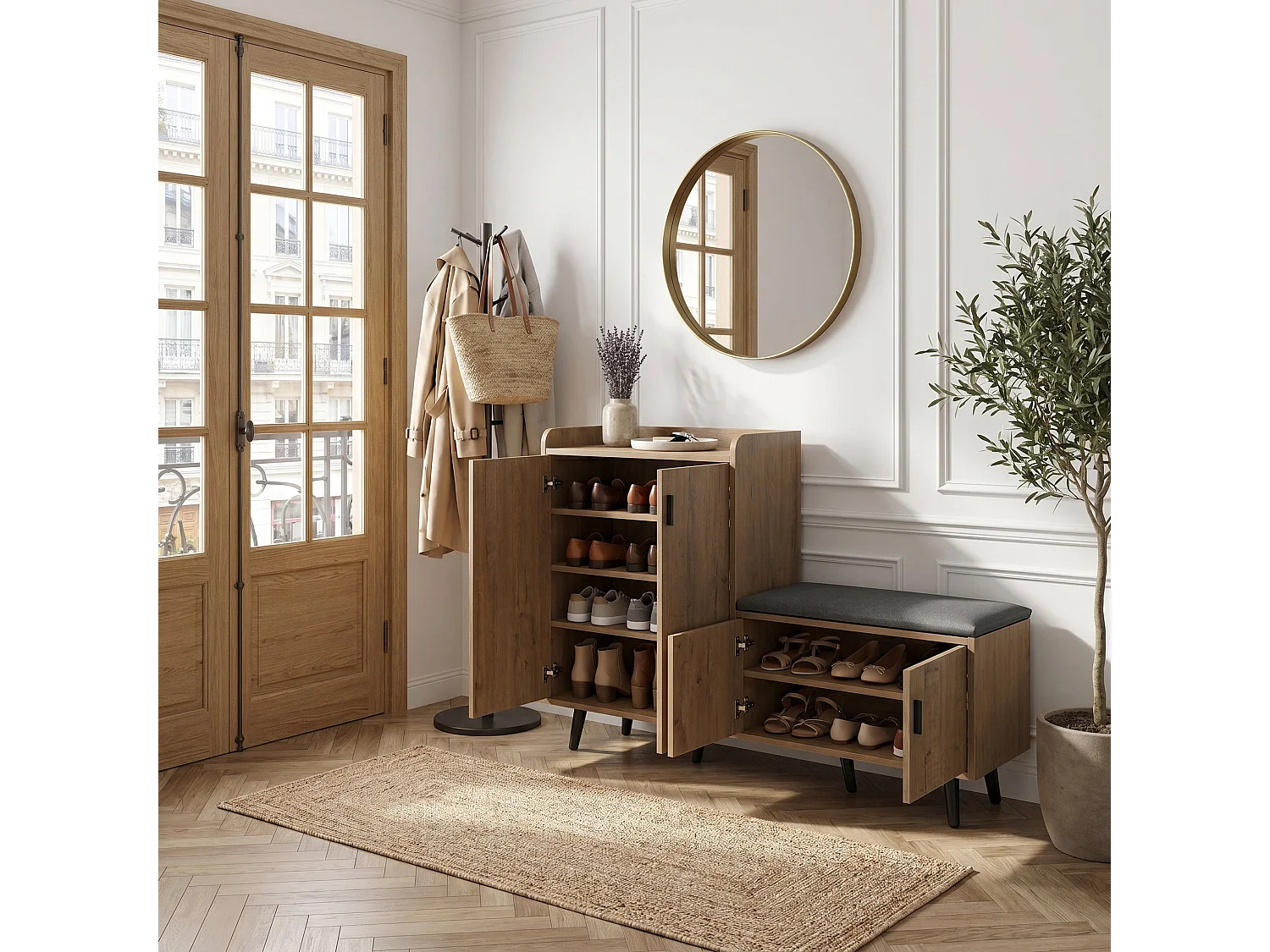 Meuble à chaussures effet bois naturel, 4 portes, banc tissu gris 120x34x82cm