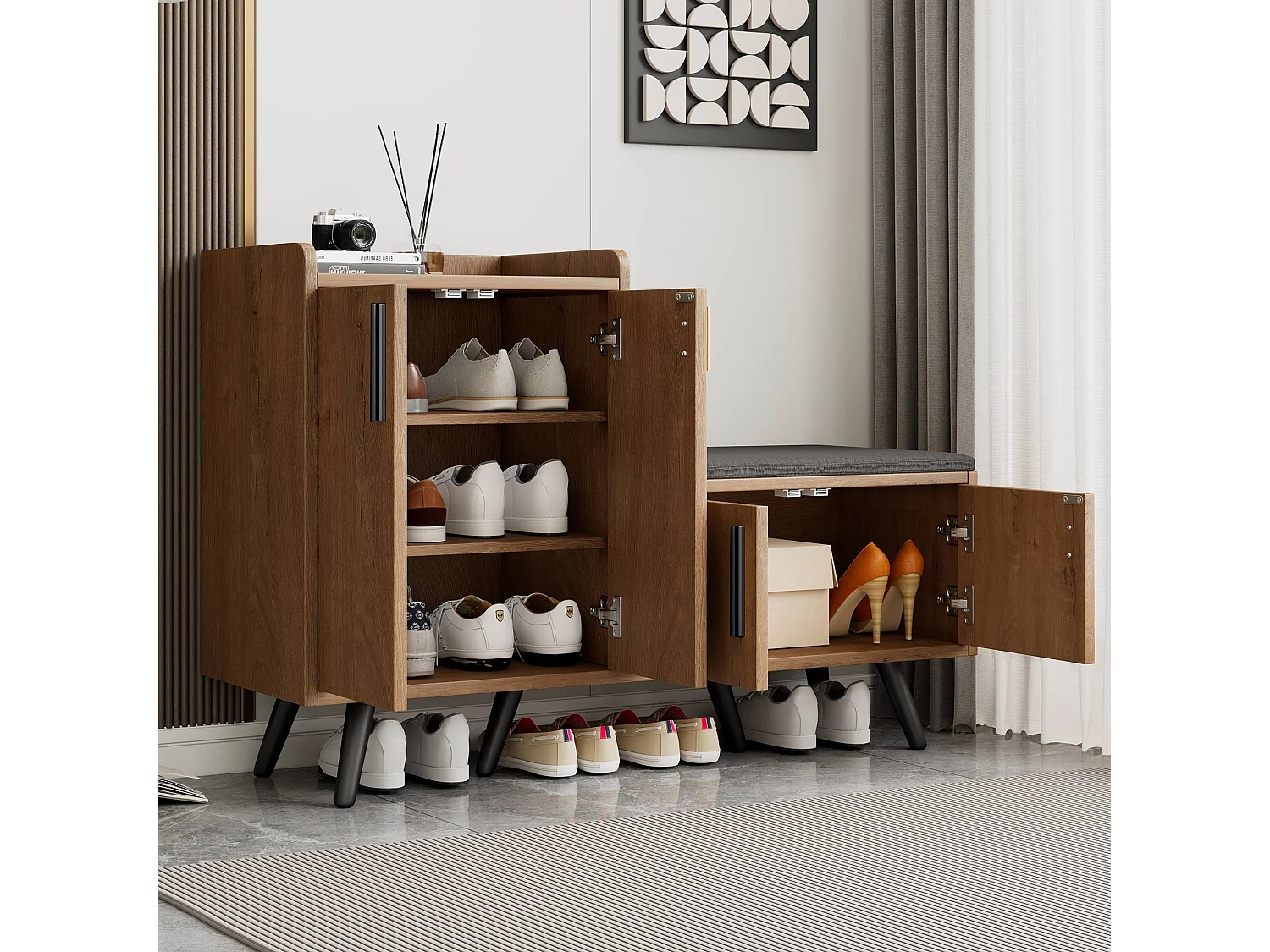 Meuble à chaussures effet bois naturel, 4 portes, banc tissu gris 120x34x82cm