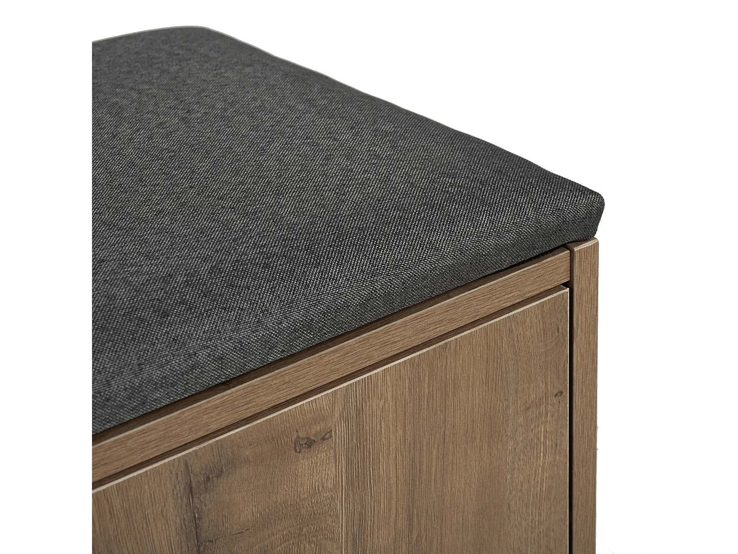 Meuble à chaussures effet bois naturel, 4 portes, banc tissu gris 120x34x82cm