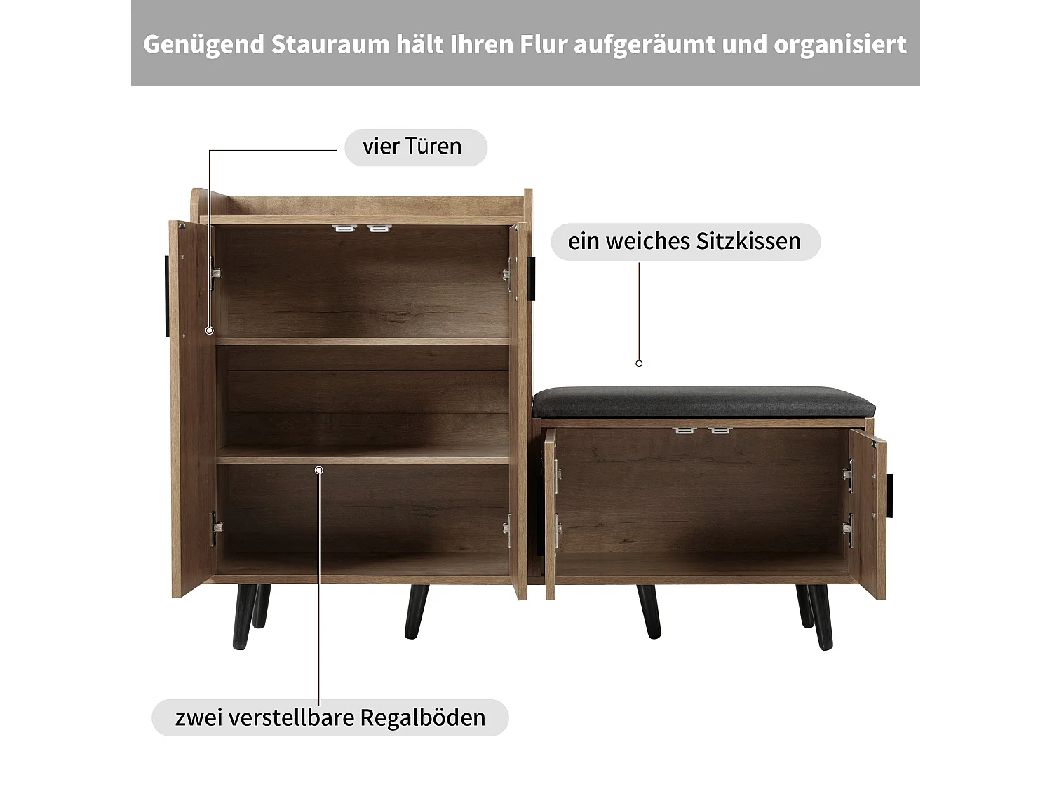 Meuble à chaussures effet bois naturel, 4 portes, banc tissu gris 120x34x82cm
