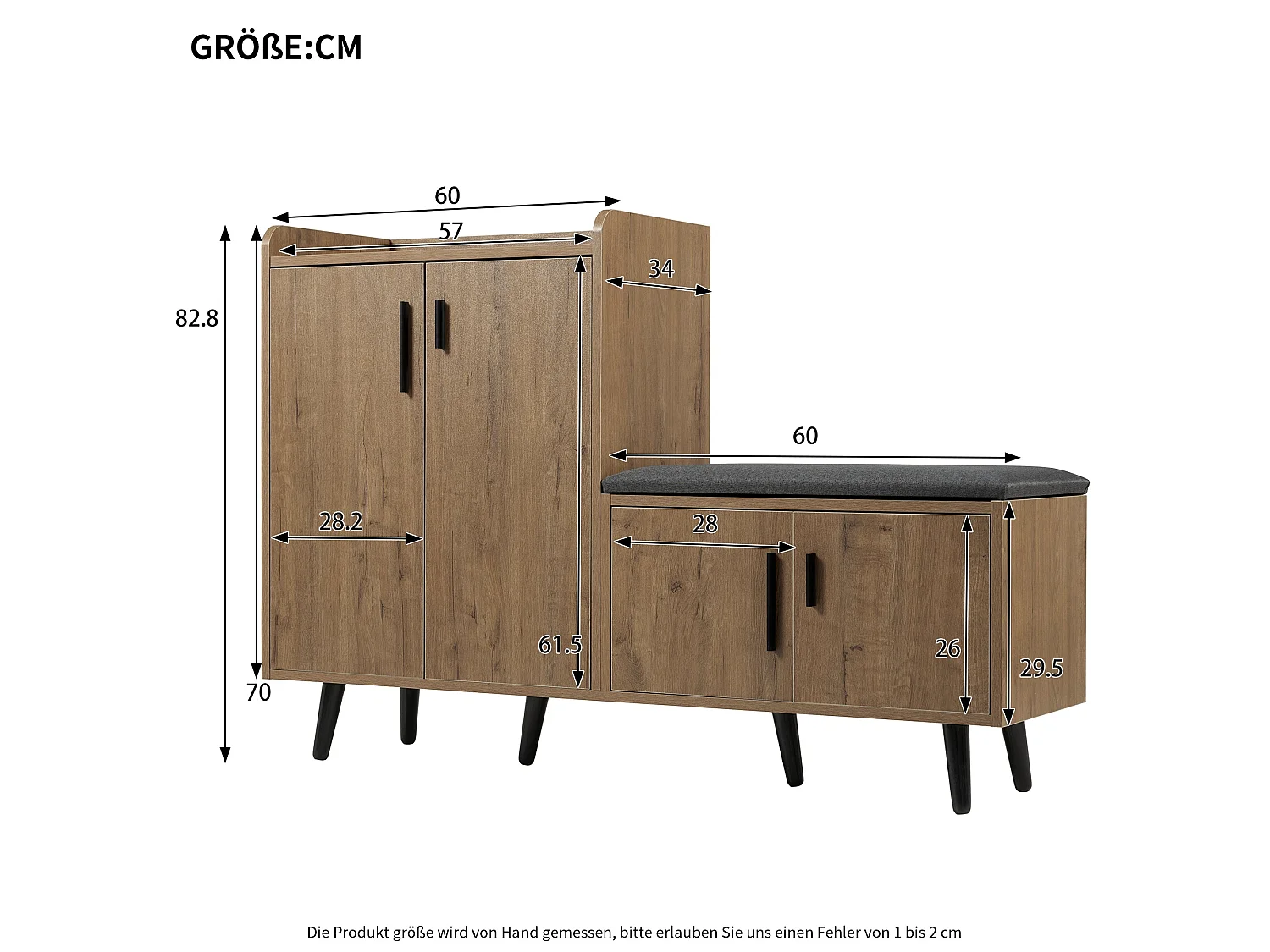Meuble à chaussures effet bois naturel, 4 portes, banc tissu gris 120x34x82cm