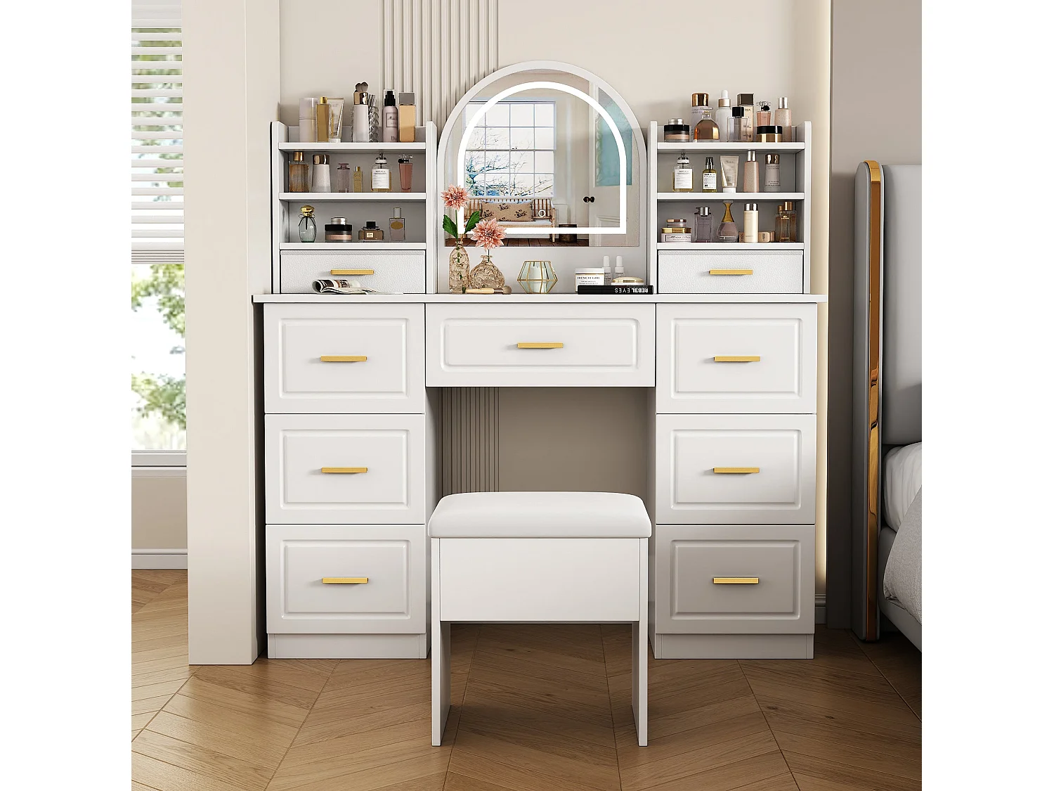 Coiffeuse blanche grande avec miroir LED, 9 tiroirs et tabouret blanc