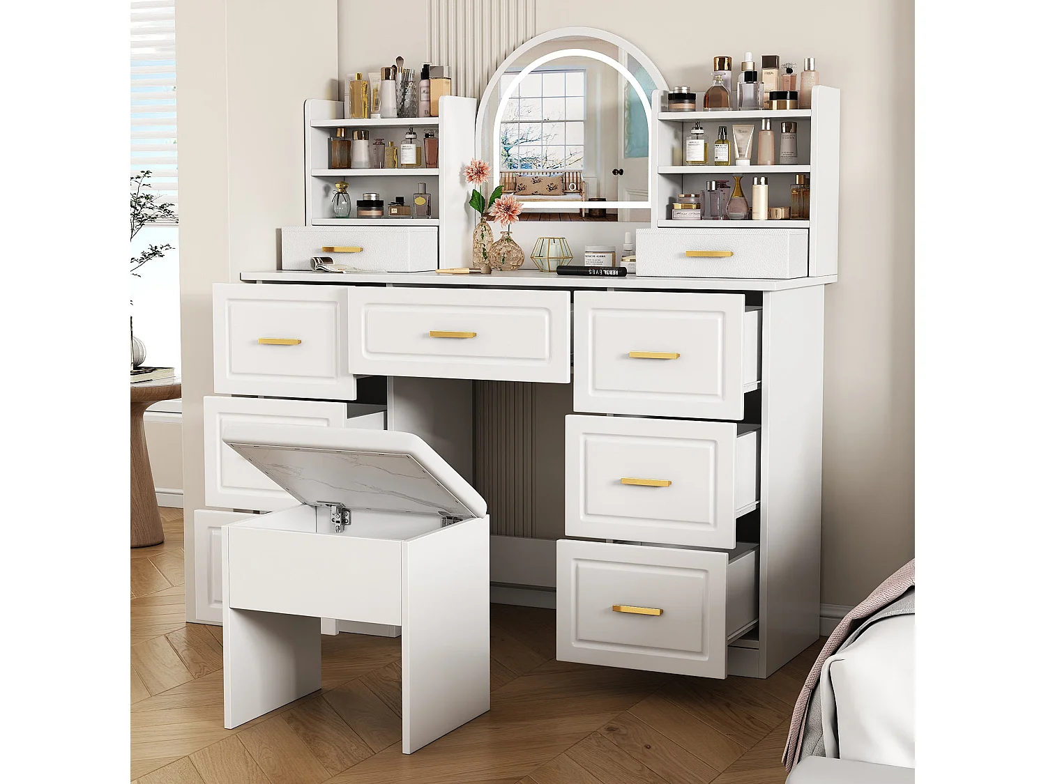 Coiffeuse blanche grande avec miroir LED, 9 tiroirs et tabouret blanc