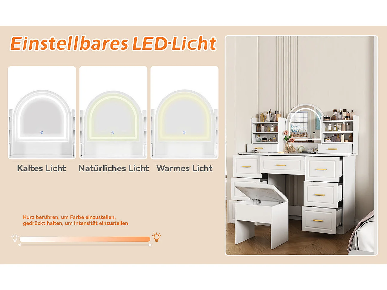 Coiffeuse blanche grande avec miroir LED, 9 tiroirs et tabouret blanc