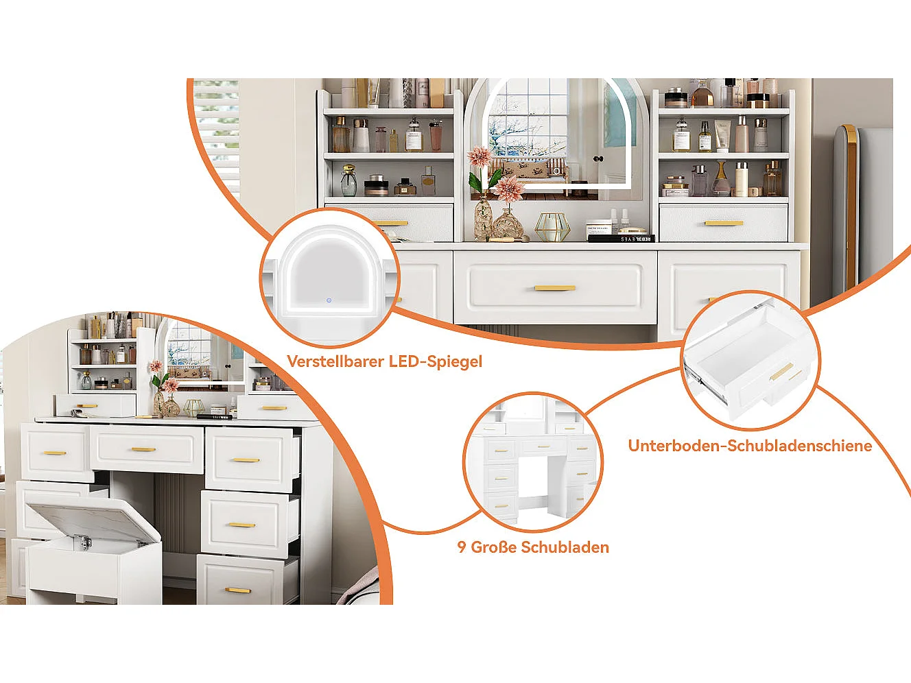 Coiffeuse blanche grande avec miroir LED, 9 tiroirs et tabouret blanc