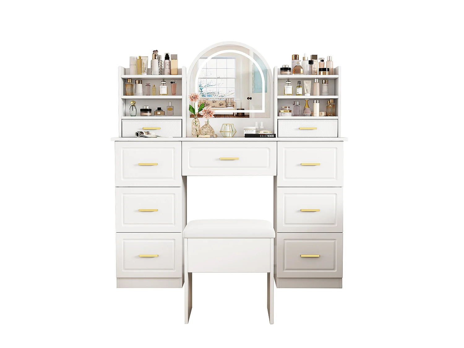 Coiffeuse blanche grande avec miroir LED, 9 tiroirs et tabouret blanc
