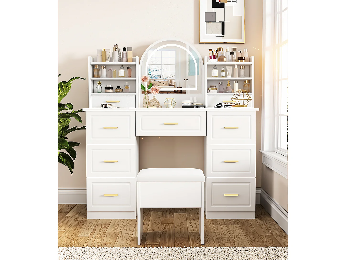Coiffeuse blanche grande avec miroir LED, 9 tiroirs et tabouret blanc