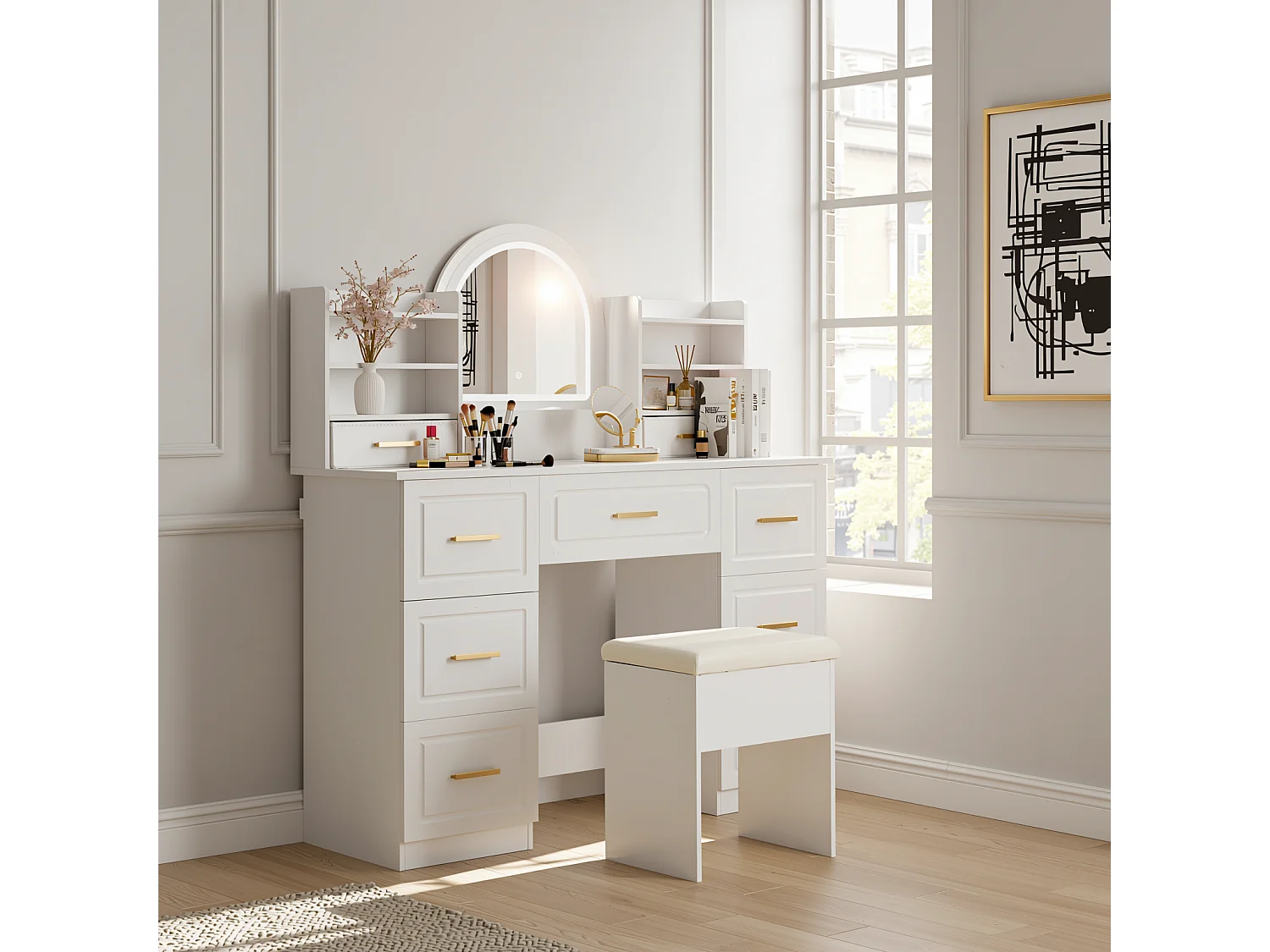 Coiffeuse blanche grande avec miroir LED, 9 tiroirs et tabouret blanc