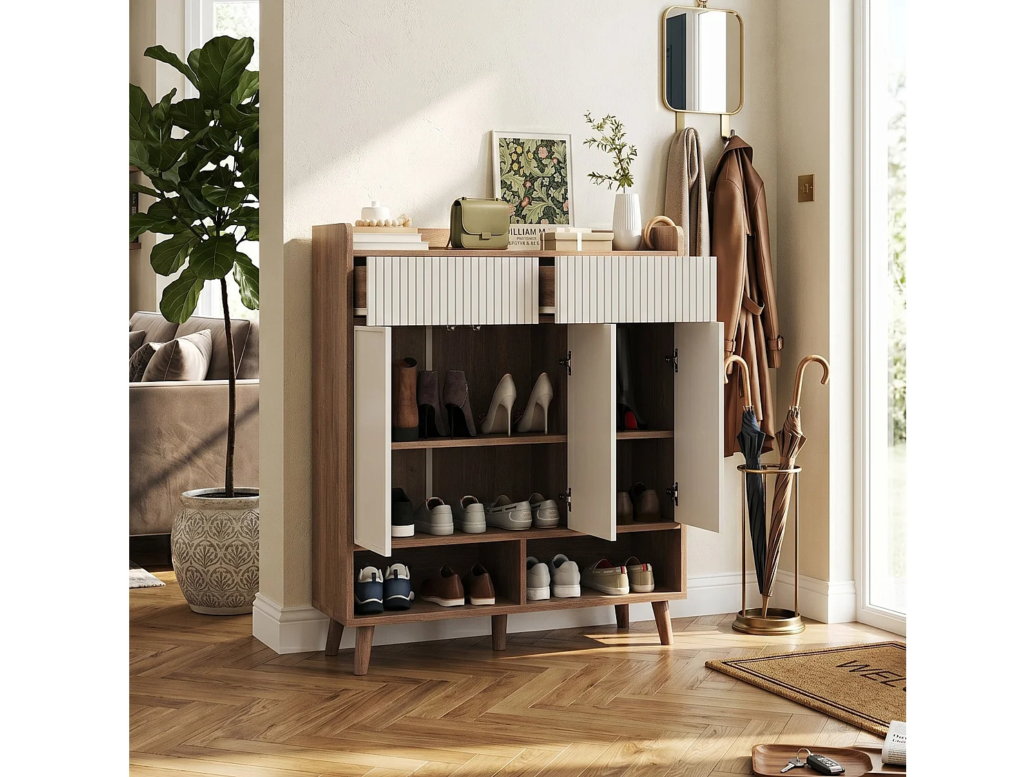 Meuble à chaussures blanc et effet bois, 3 portes, 2 tiroirs 90x35x100cm
