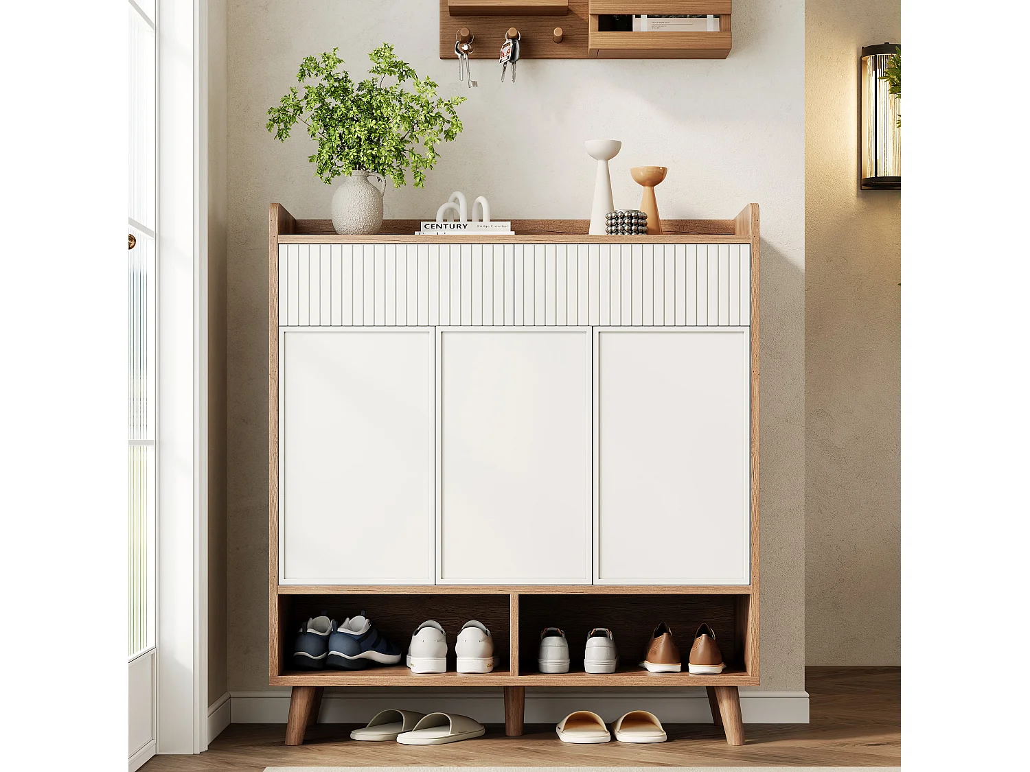 Meuble à chaussures blanc et effet bois, 3 portes, 2 tiroirs 90x35x100cm