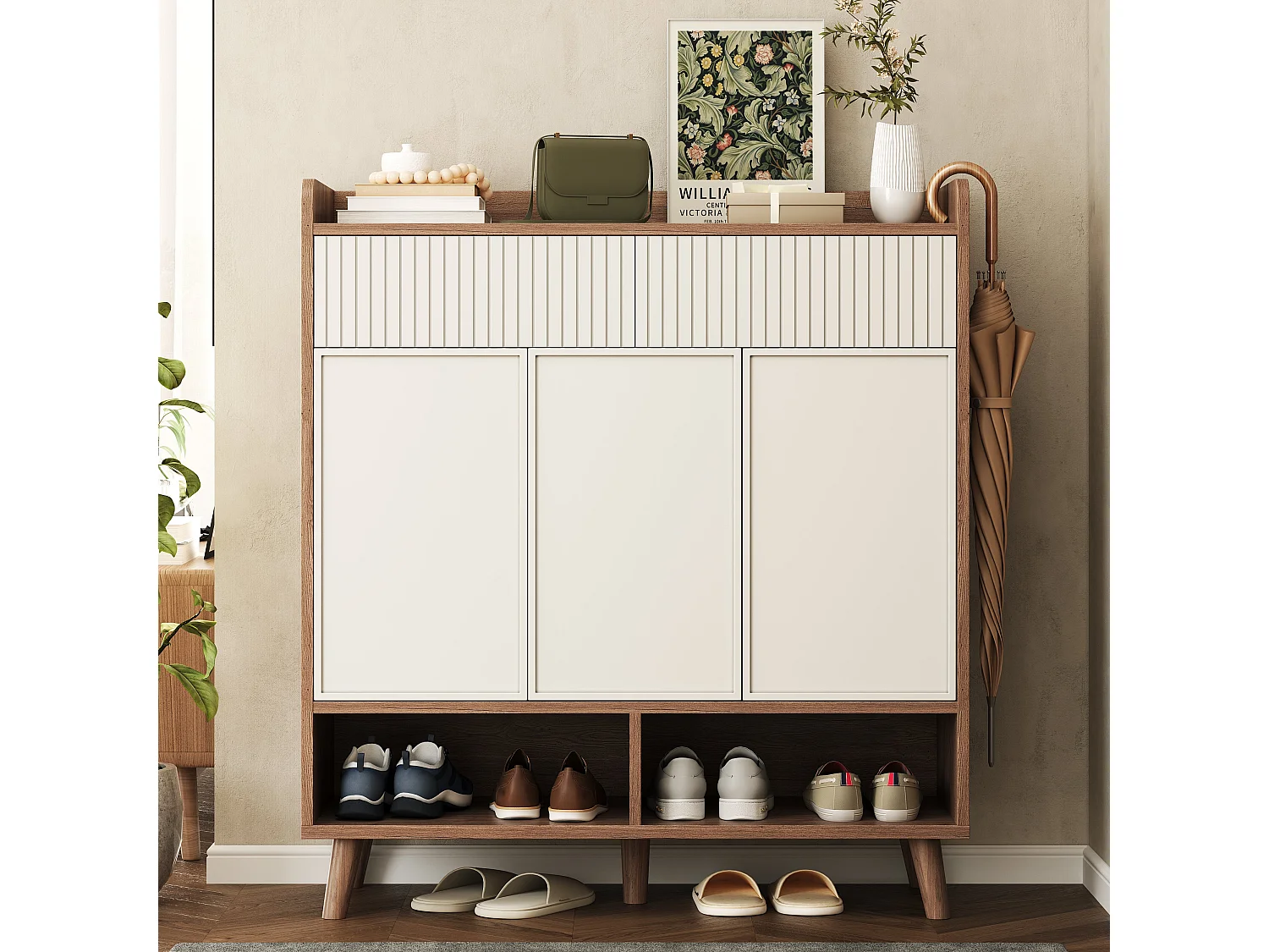 Meuble à chaussures blanc et effet bois, 3 portes, 2 tiroirs 90x35x100cm