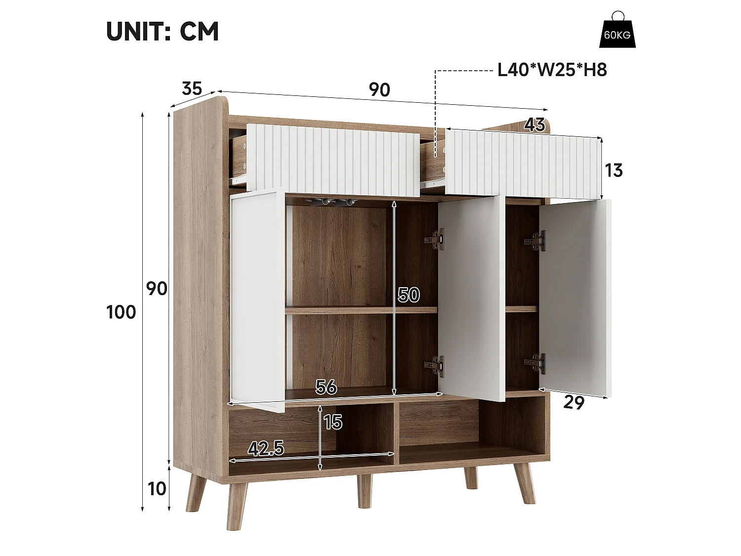 Meuble à chaussures blanc et effet bois, 3 portes, 2 tiroirs 90x35x100cm