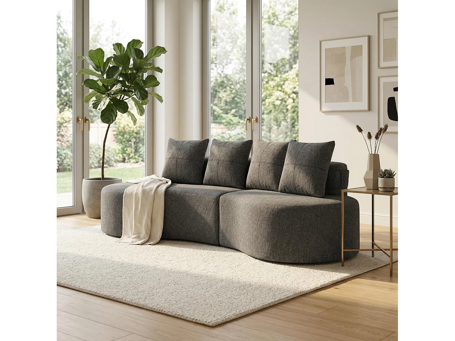 Canapé 3 places en lin gris avec 4 coussins, porte-gobelet, poches latérales sans montage 240x109cm