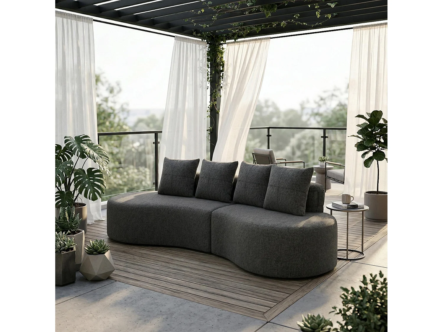 Canapé 3 places en lin gris avec 4 coussins, porte-gobelet, poches latérales sans montage 240x109cm