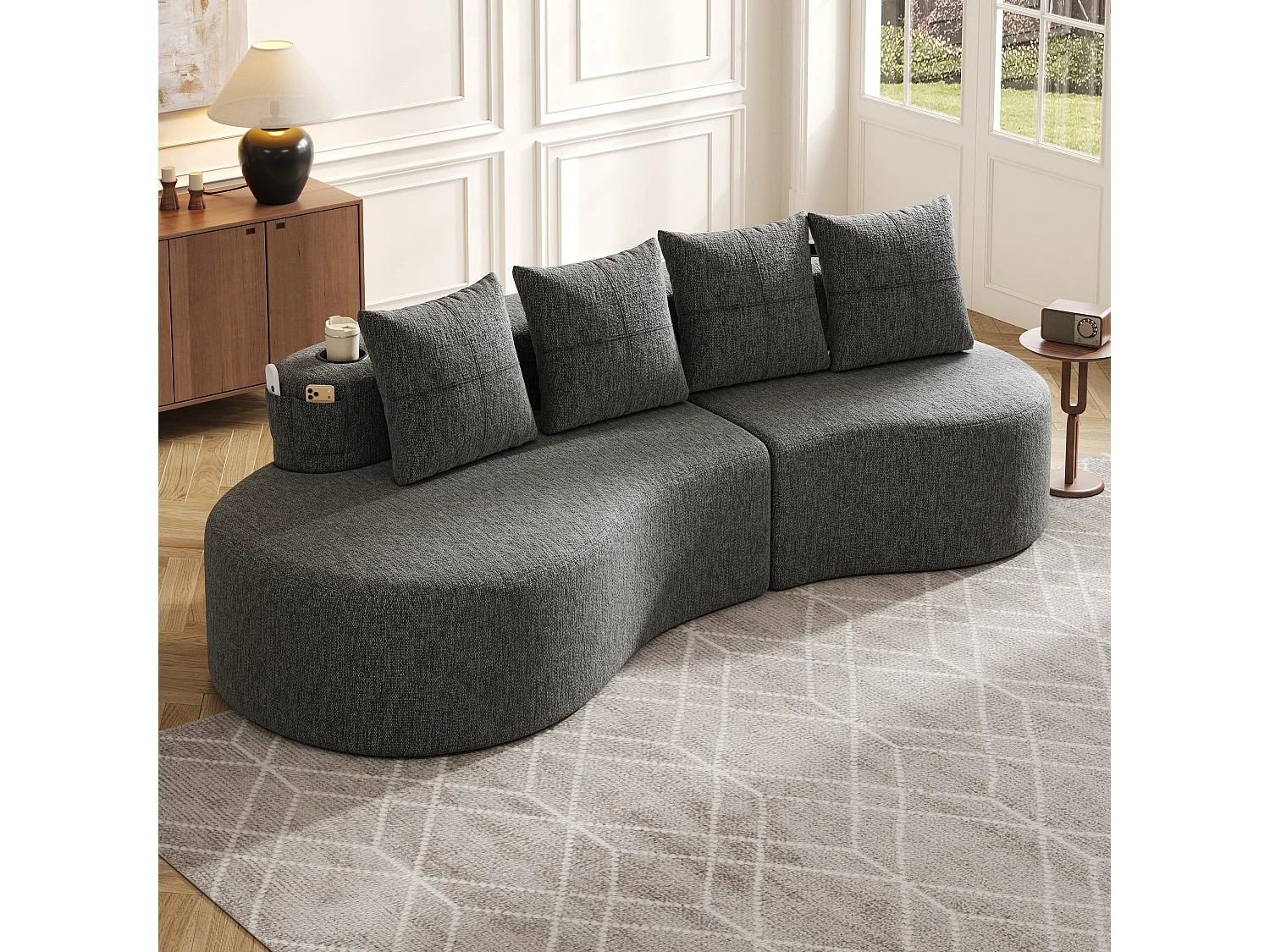 Canapé 3 places en lin gris avec 4 coussins, porte-gobelet, poches latérales sans montage 240x109cm