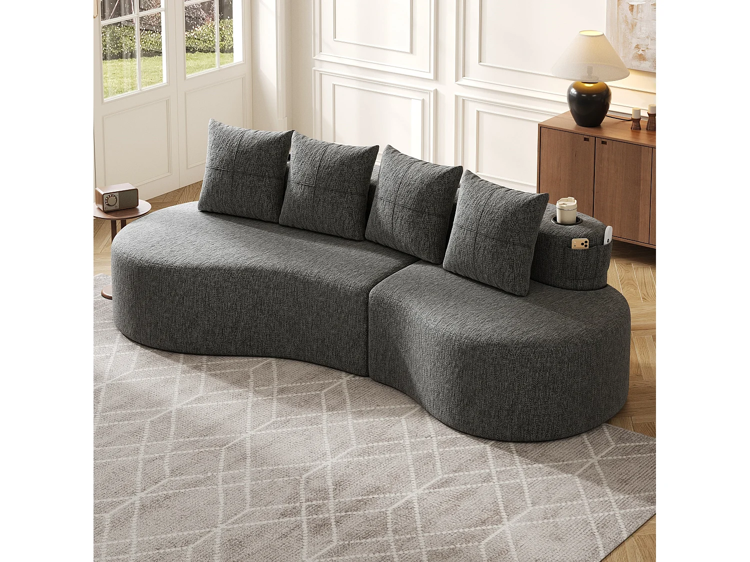 Canapé 3 places en lin gris avec 4 coussins, porte-gobelet, poches latérales sans montage 240x109cm