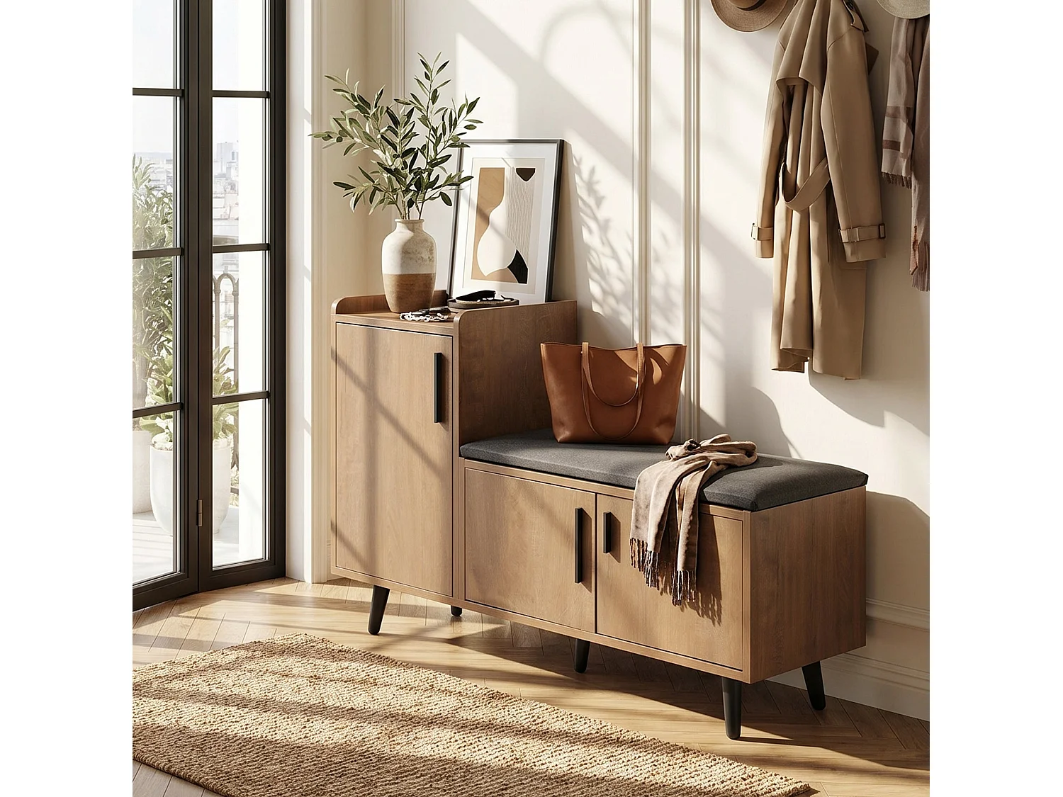 Meuble à chaussures effet bois et banc tissu gris, 3 portes