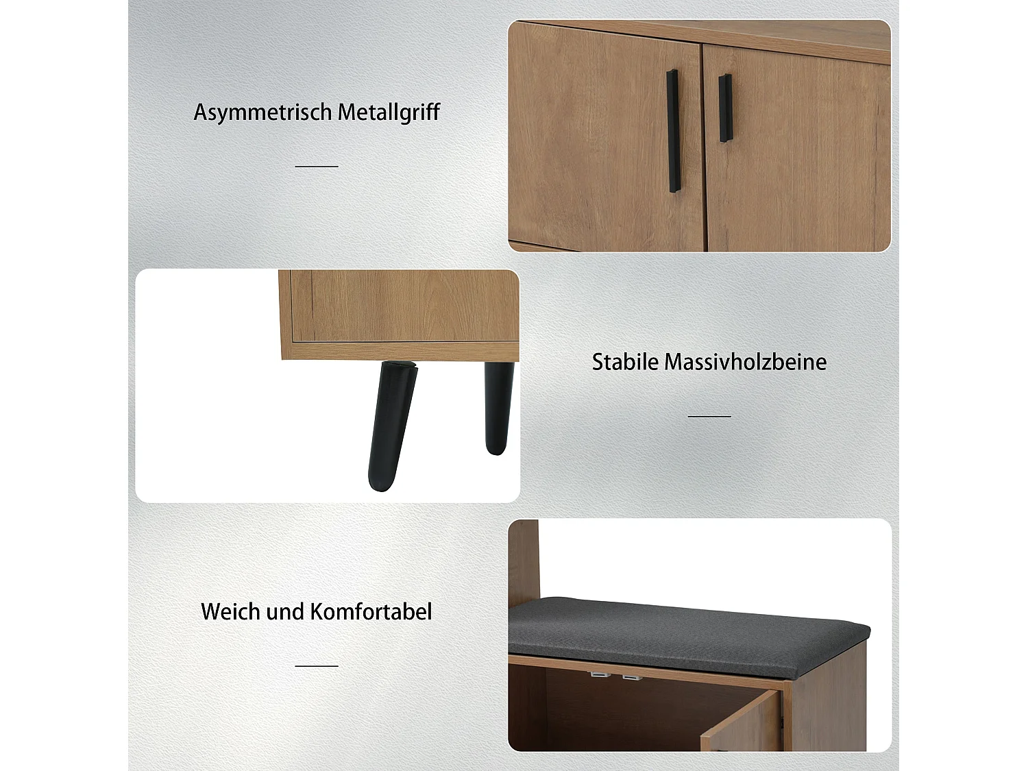 Meuble à chaussures effet bois et banc tissu gris, 3 portes