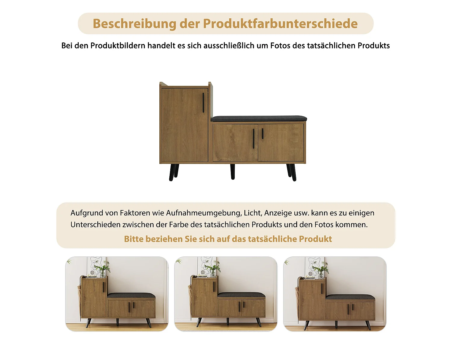 Meuble à chaussures effet bois et banc tissu gris, 3 portes