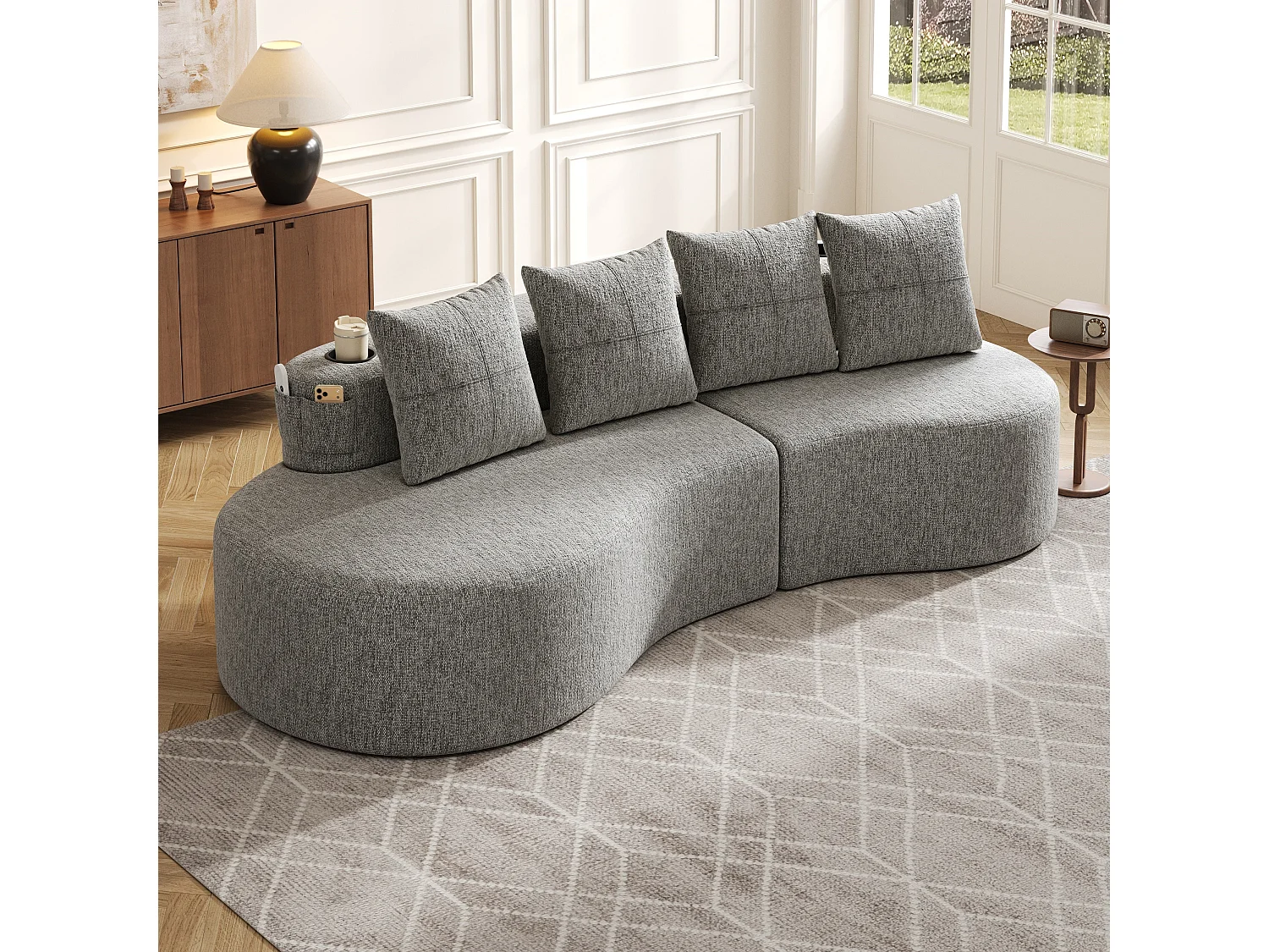 Canapé 3 places en lin gris clair avec 4 coussins, porte-gobelet, poches latérales sans montage 240x109cm