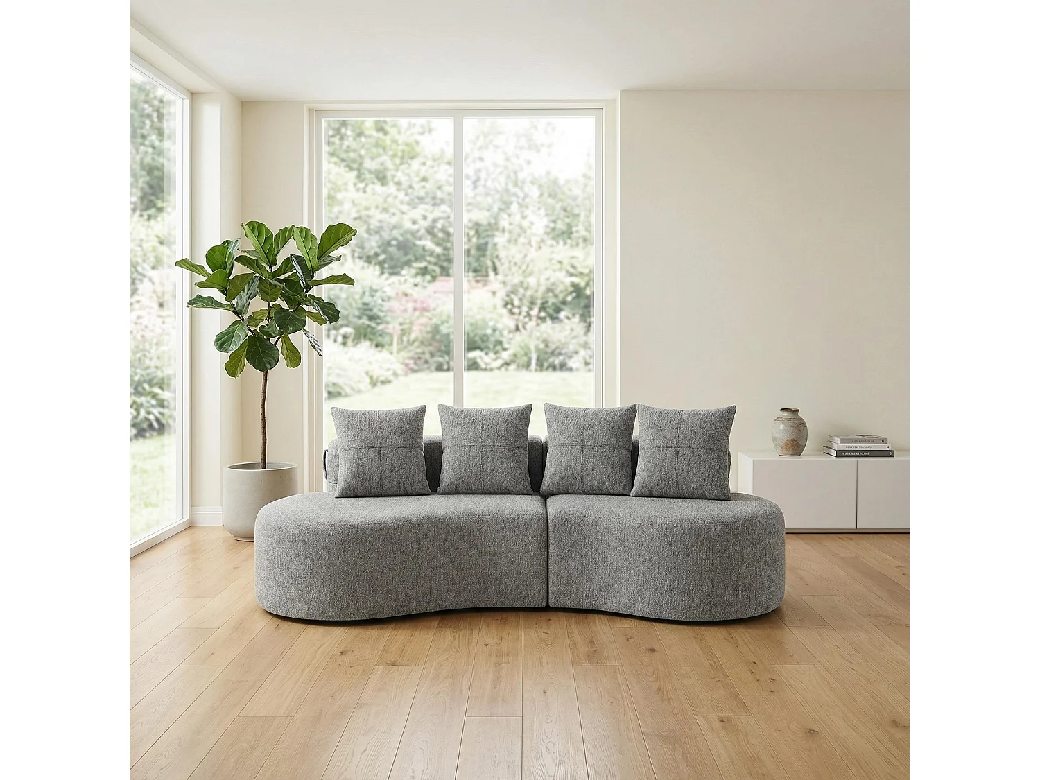 Canapé 3 places en lin gris clair avec 4 coussins, porte-gobelet, poches latérales sans montage 240x109cm
