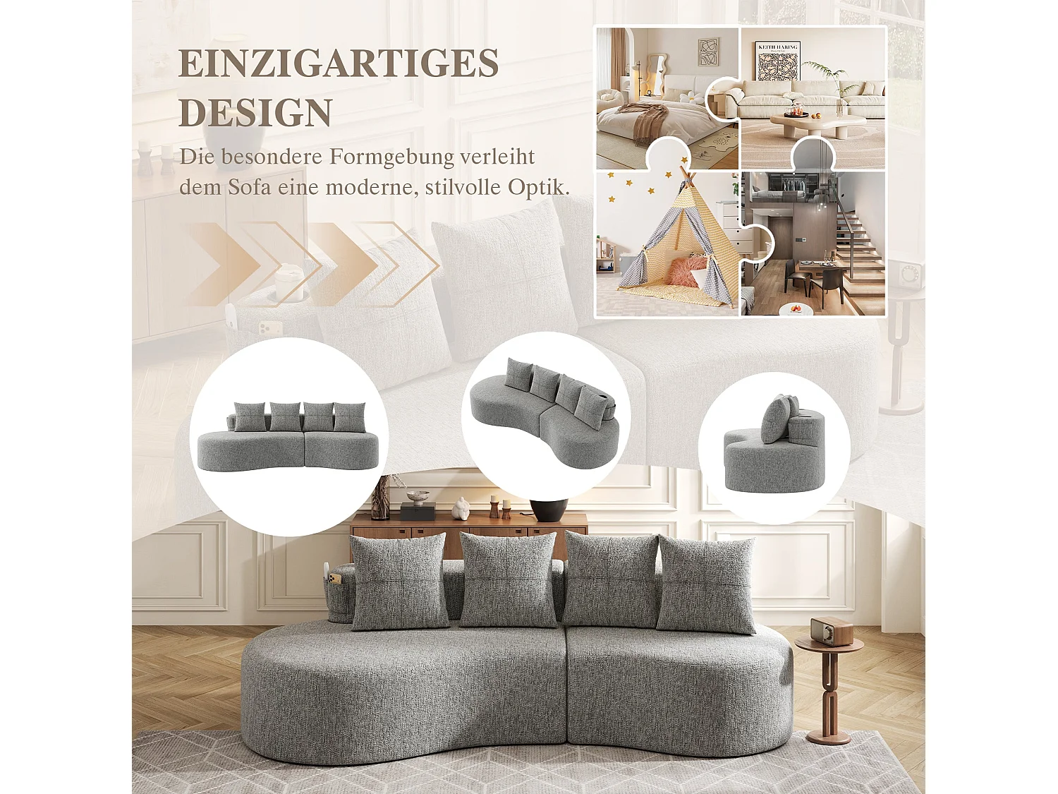 Canapé 3 places en lin gris clair avec 4 coussins, porte-gobelet, poches latérales sans montage 240x109cm