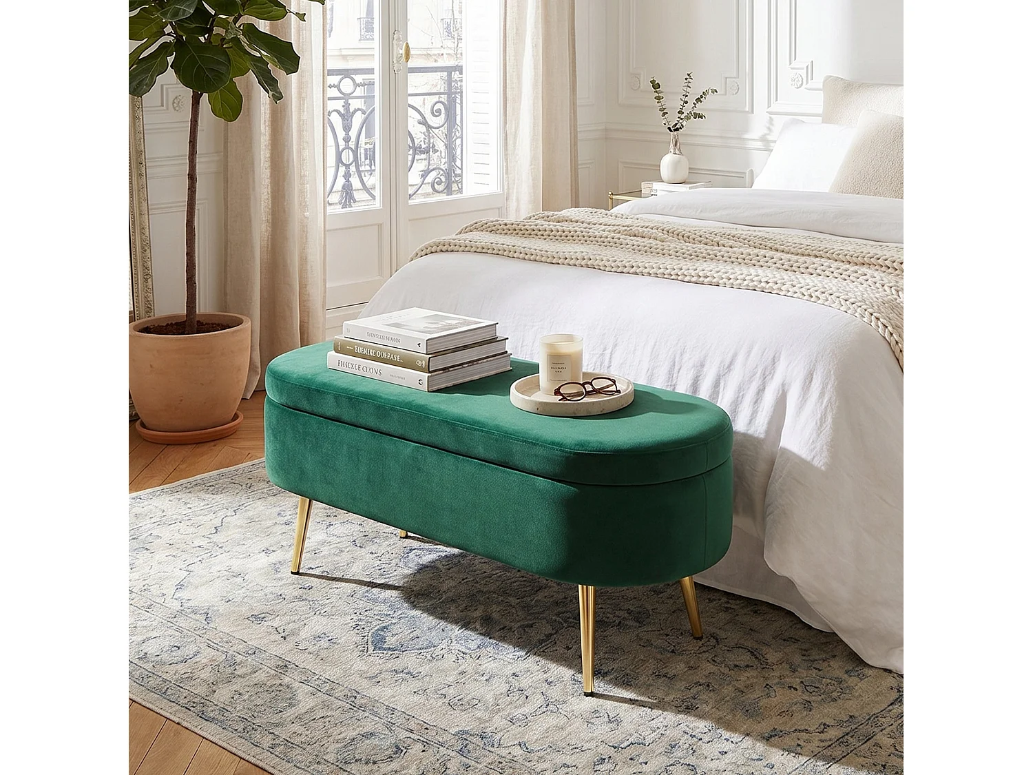 Banquette coffre en velours vert avec pieds dorés 20L 110x40x42cm