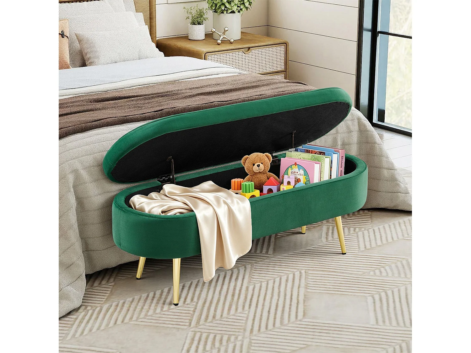 Banquette coffre en velours vert avec pieds dorés 20L 110x40x42cm