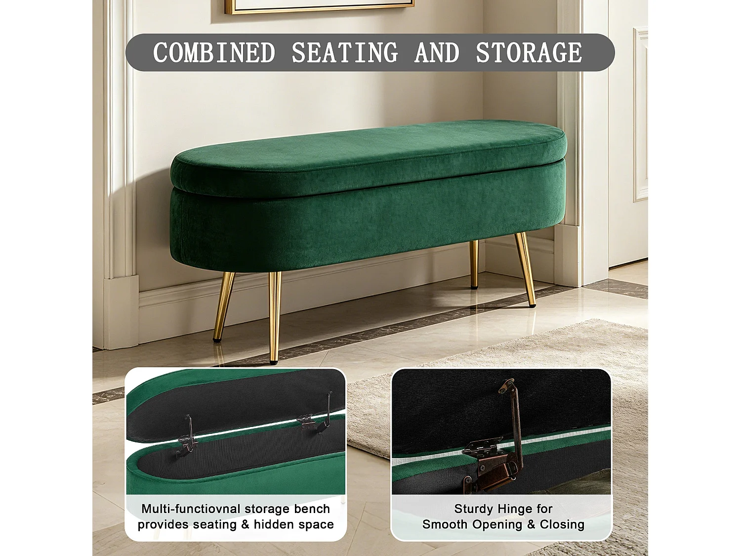 Banquette coffre en velours vert avec pieds dorés 20L 110x40x42cm