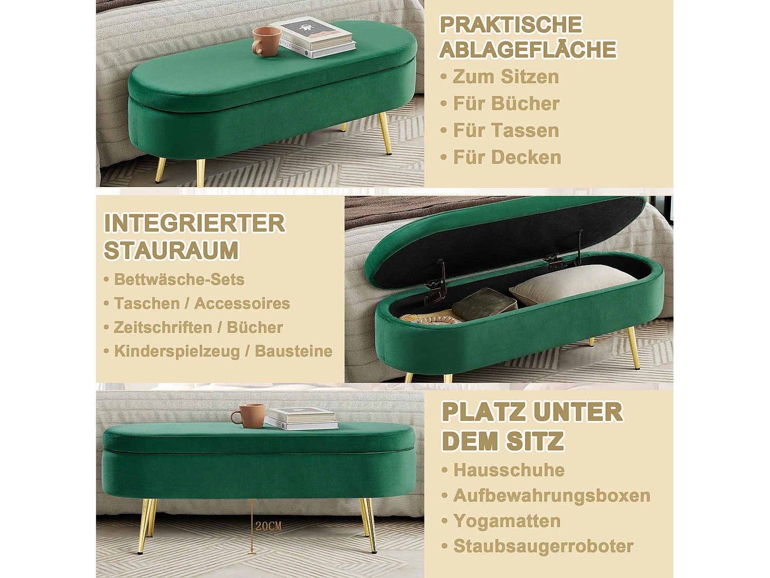 Banquette coffre en velours vert avec pieds dorés 20L 110x40x42cm