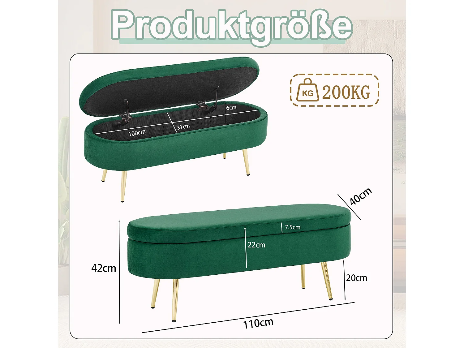 Banquette coffre en velours vert avec pieds dorés 20L 110x40x42cm