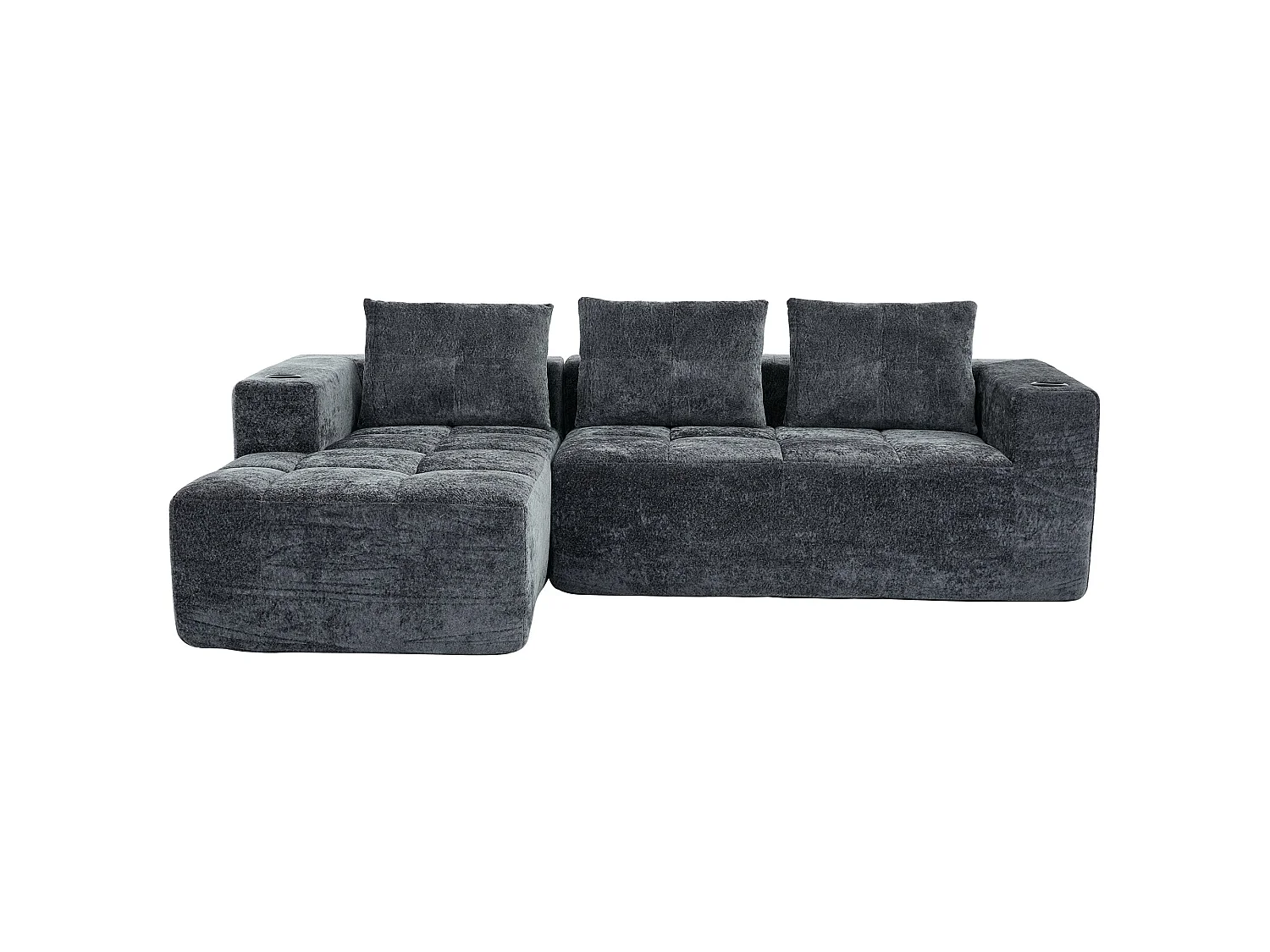 Canapé d'angle 3 places en chenille gris anthracite avec meridienne et portes-gobelets 258 cm
