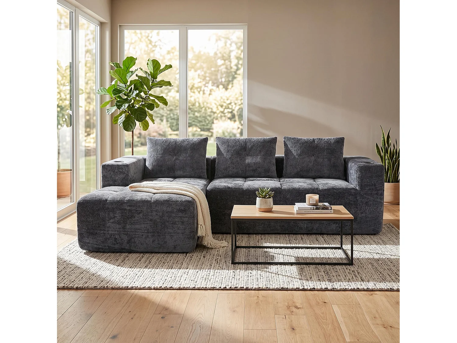 Canapé d'angle 3 places en chenille gris anthracite avec meridienne et portes-gobelets 258 cm