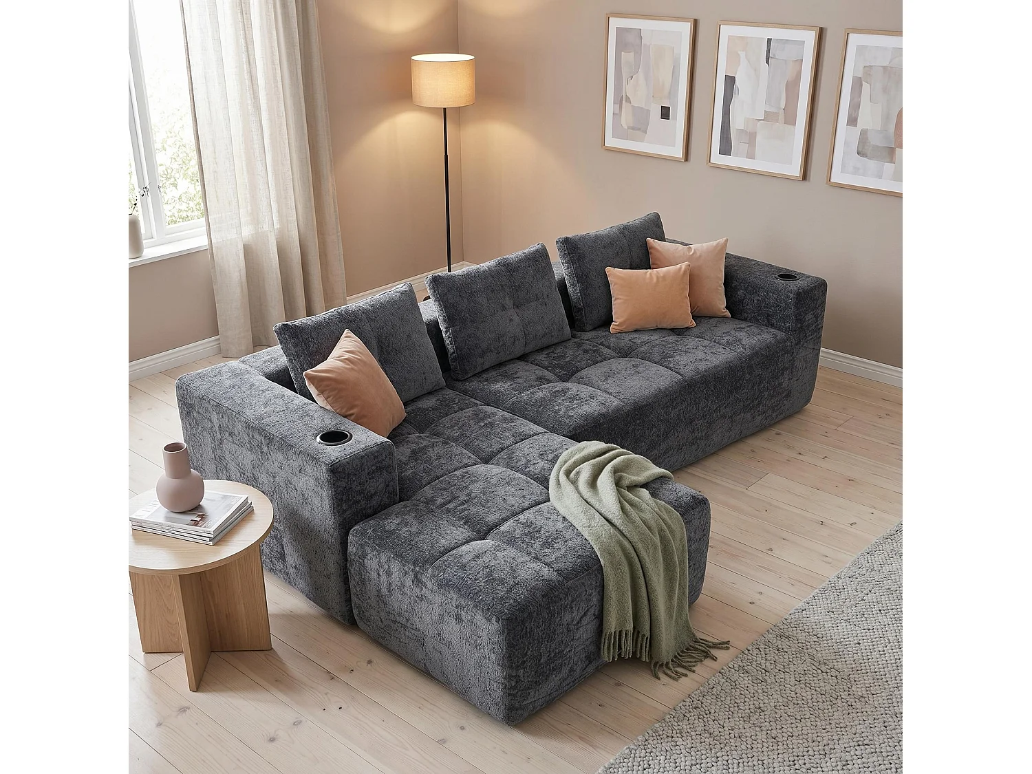 Canapé d'angle 3 places en chenille gris anthracite avec meridienne et portes-gobelets 258 cm