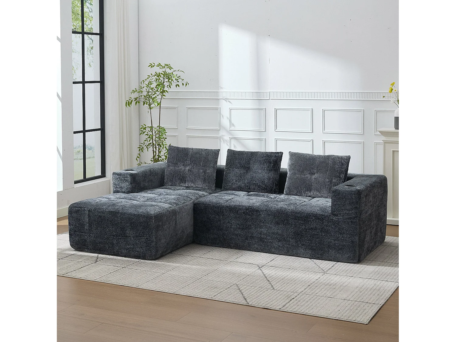 Canapé d'angle 3 places en chenille gris anthracite avec meridienne et portes-gobelets 258 cm
