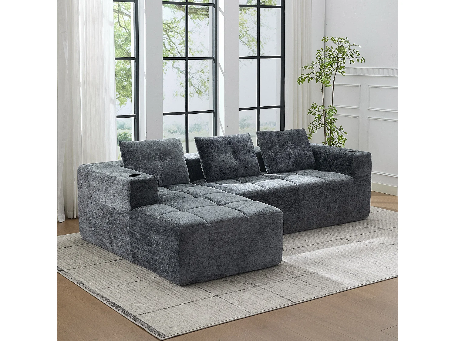 Canapé d'angle 3 places en chenille gris anthracite avec meridienne et portes-gobelets 258 cm
