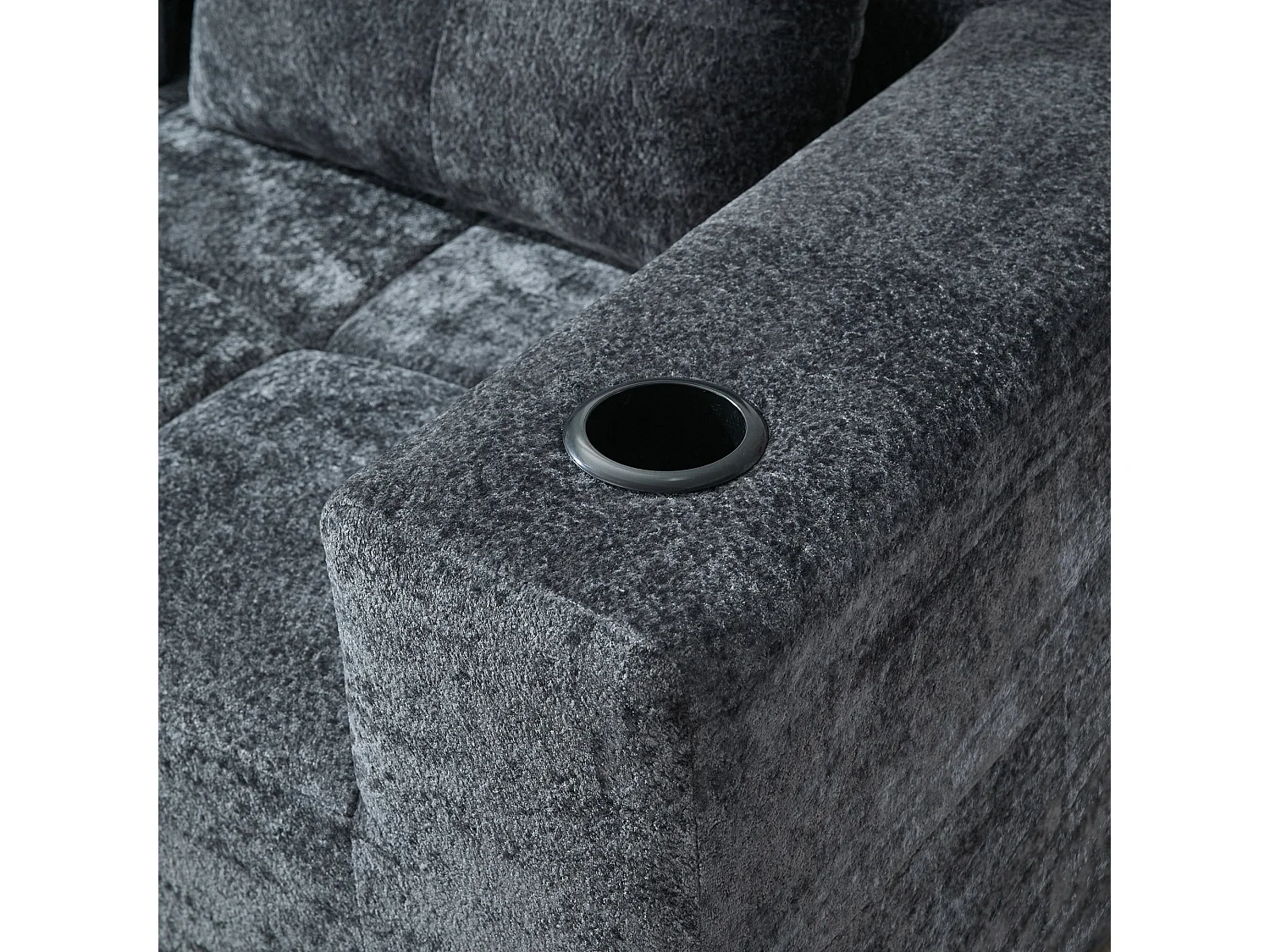 Canapé d'angle 3 places en chenille gris anthracite avec meridienne et portes-gobelets 258 cm